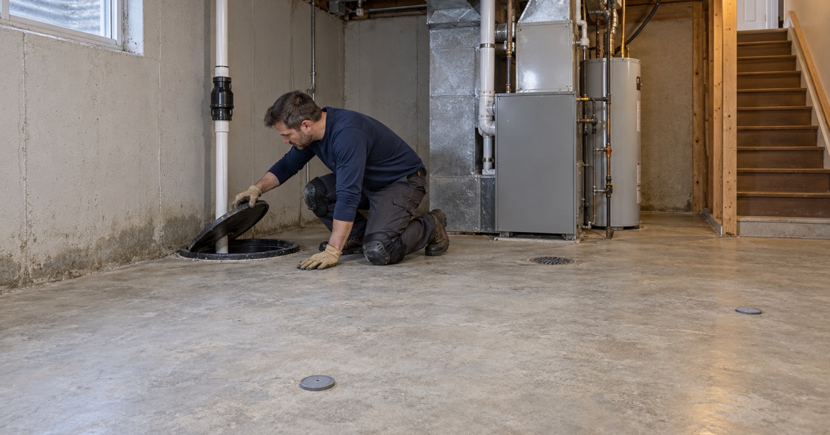 The sump basin lid lifted in the bare basement of a Buffalo Grove split-level, with a damp band along the wall and a capped moisture probe in the slab.