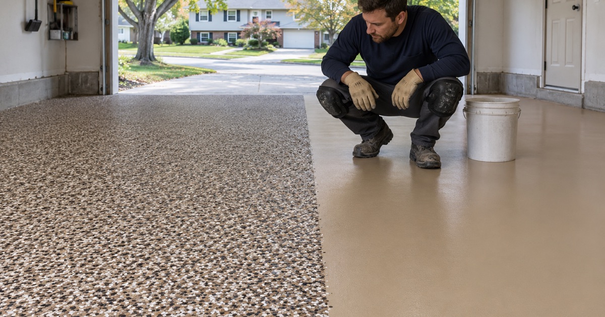 A finisher crouching where a dense espresso, tan and white flake blend meets the bare base coat in a Buffalo Grove garage.