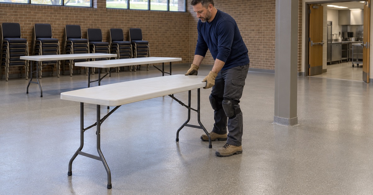 A folding table opened on a quartz-textured fellowship hall floor in a Buffalo Grove church.