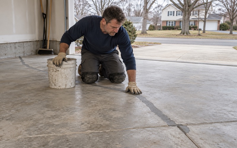 A chased crack filled flush with gray repair mortar in the ground slab of a Buffalo Grove garage, ready for coating.
