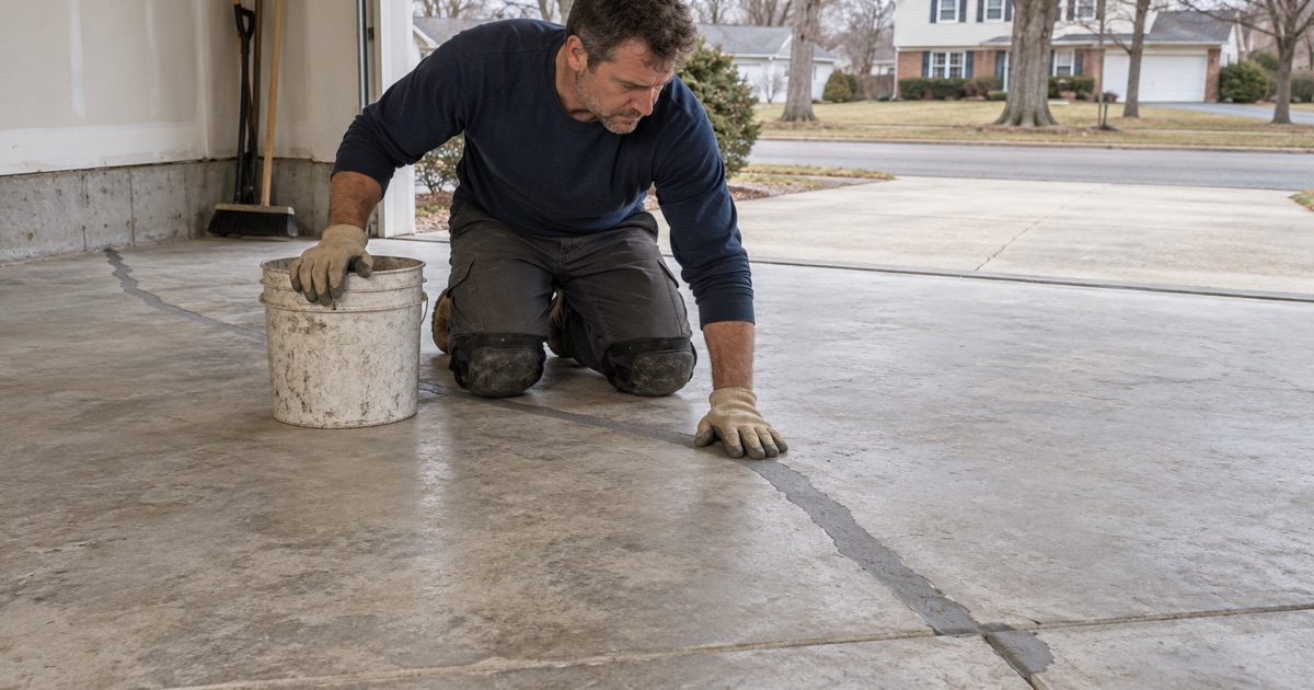 A chased crack filled flush with gray repair mortar in the ground slab of a Buffalo Grove garage, ready for coating.