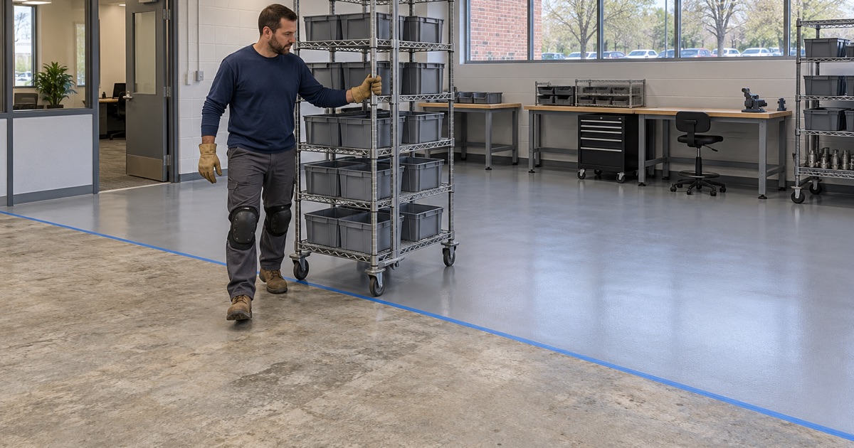 A parts rack moved onto the cured half of a flex-building floor coated in phases in a Buffalo Grove business park.