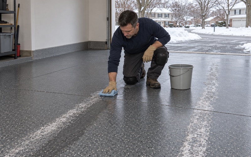 Dried road-salt residue wiped off a solid charcoal epoxy garage floor in a Buffalo Grove colonial on a winter day.