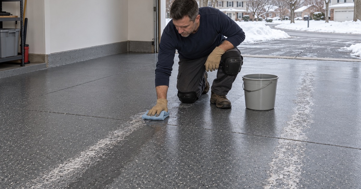 Dried road-salt residue wiped off a solid charcoal epoxy garage floor in a Buffalo Grove colonial on a winter day.