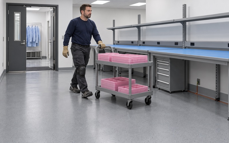 A parts cart rolled across a static-dissipative floor past a grounding strip in a Buffalo Grove electronics assembly room.