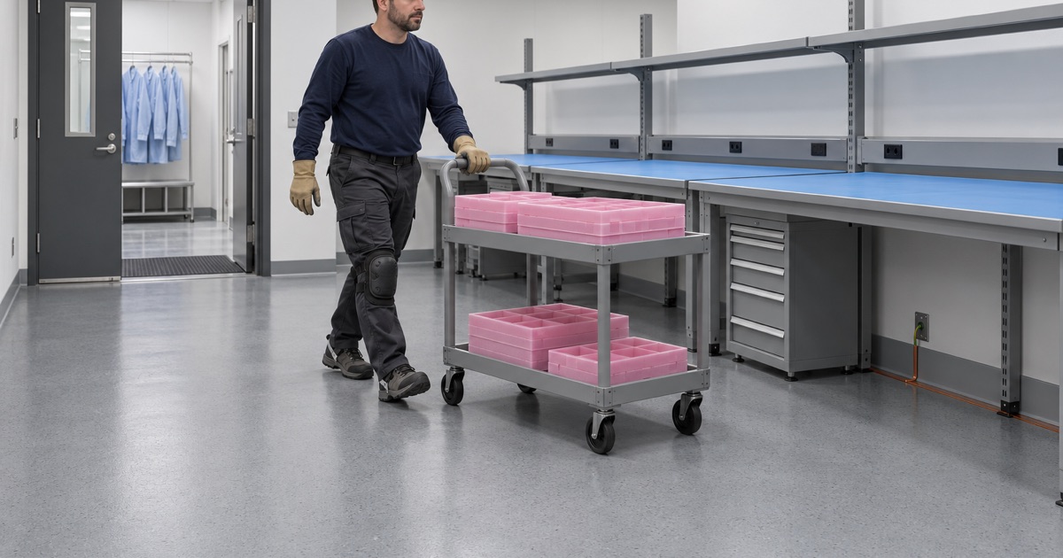 A parts cart rolled across a static-dissipative floor past a grounding strip in a Buffalo Grove electronics assembly room.