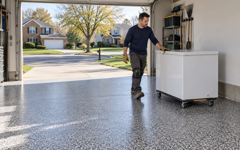 A chest freezer eased back on a dolly onto a full-broadcast granite-look flake floor in a Buffalo Grove garage.