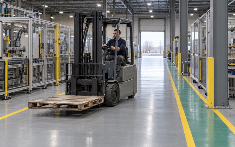 A forklift driven down a striped aisle of a heavy-duty epoxy floor in a Buffalo Grove light manufacturing plant.