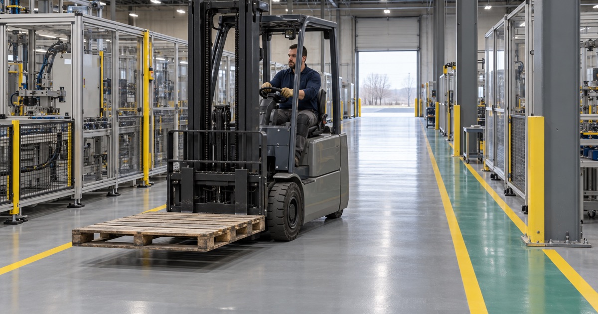 A forklift driven down a striped aisle of a heavy-duty epoxy floor in a Buffalo Grove light manufacturing plant.