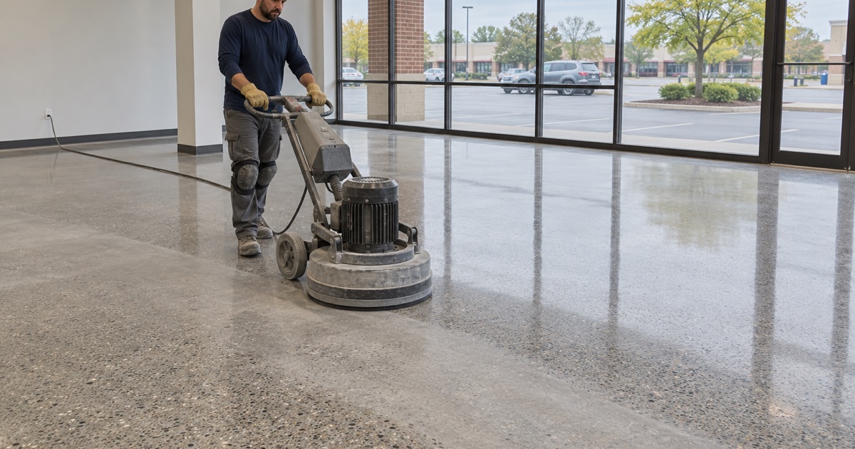 A walk-behind polisher bringing a ground concrete floor to a clear gloss in an empty Buffalo Grove retail space.