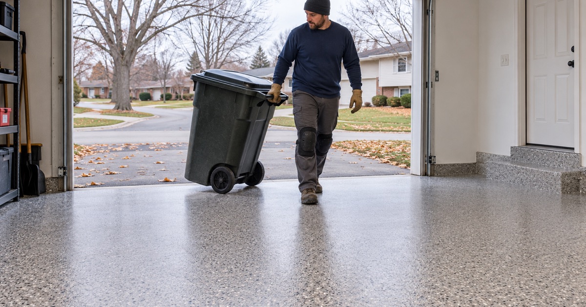 A garbage cart rolled back into a Buffalo Grove garage on its same-day polyaspartic flake floor on a cold fall afternoon.